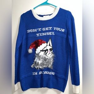 Womens Ugly Christmas Sweater, worn once, “Don’t get your tinsel in a tangle”